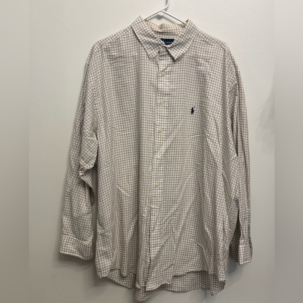 Ralph Lauren Shirt Mens 18 -35 Cream Plaid Yarmouth Cotton Casual Pony Button